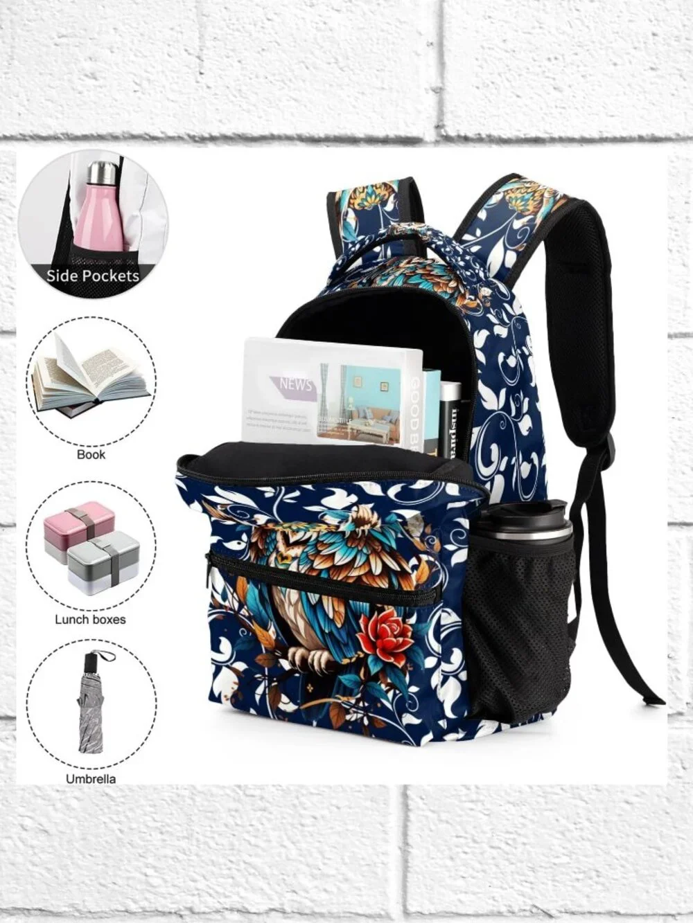 NWOT! Lightweight Backpack with Owl Design and Bottle Pockets for Everyday Use